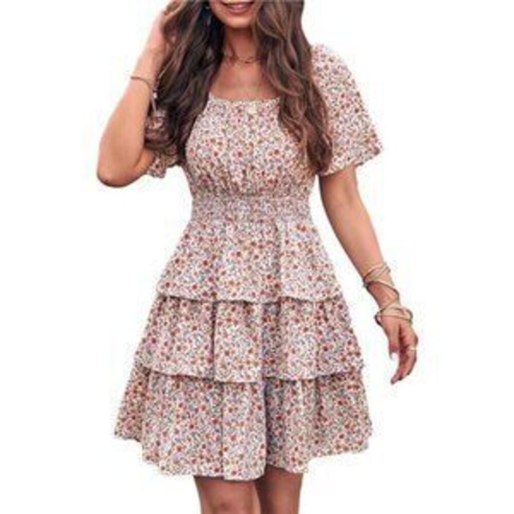 Women's Floral Summer Short Dress Short Sleeve Tiered Ruffle Boho Swing Dress
